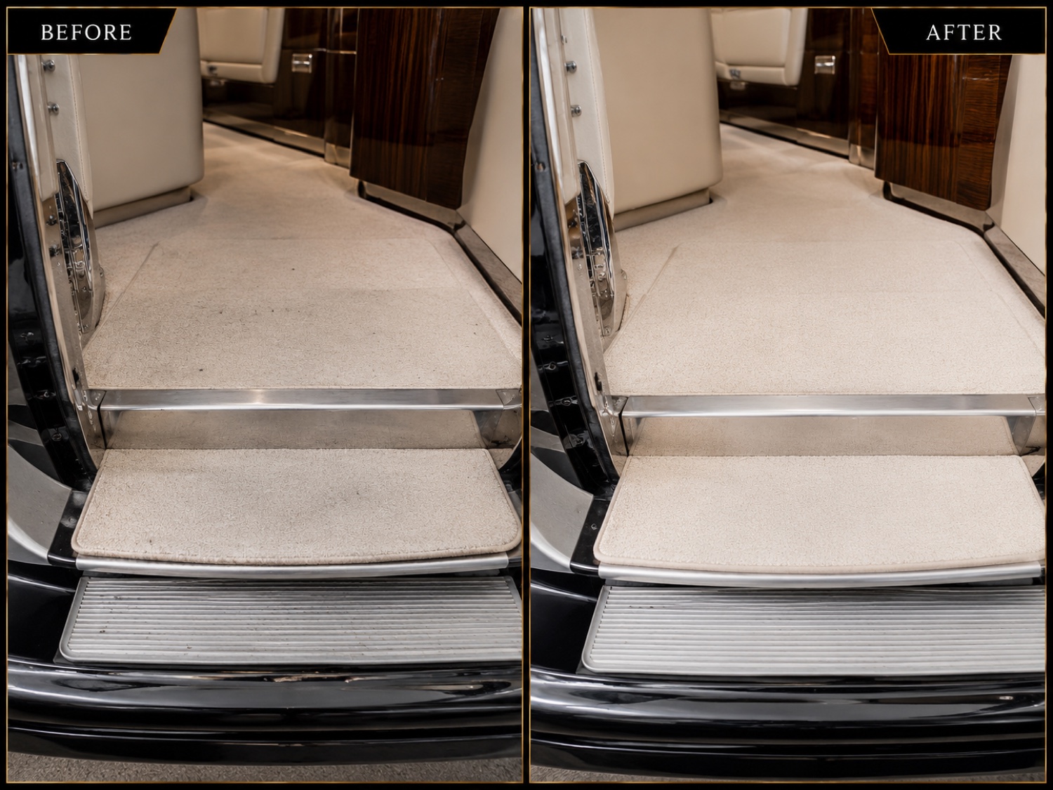 Before and after aircraft entry carpet detailing
