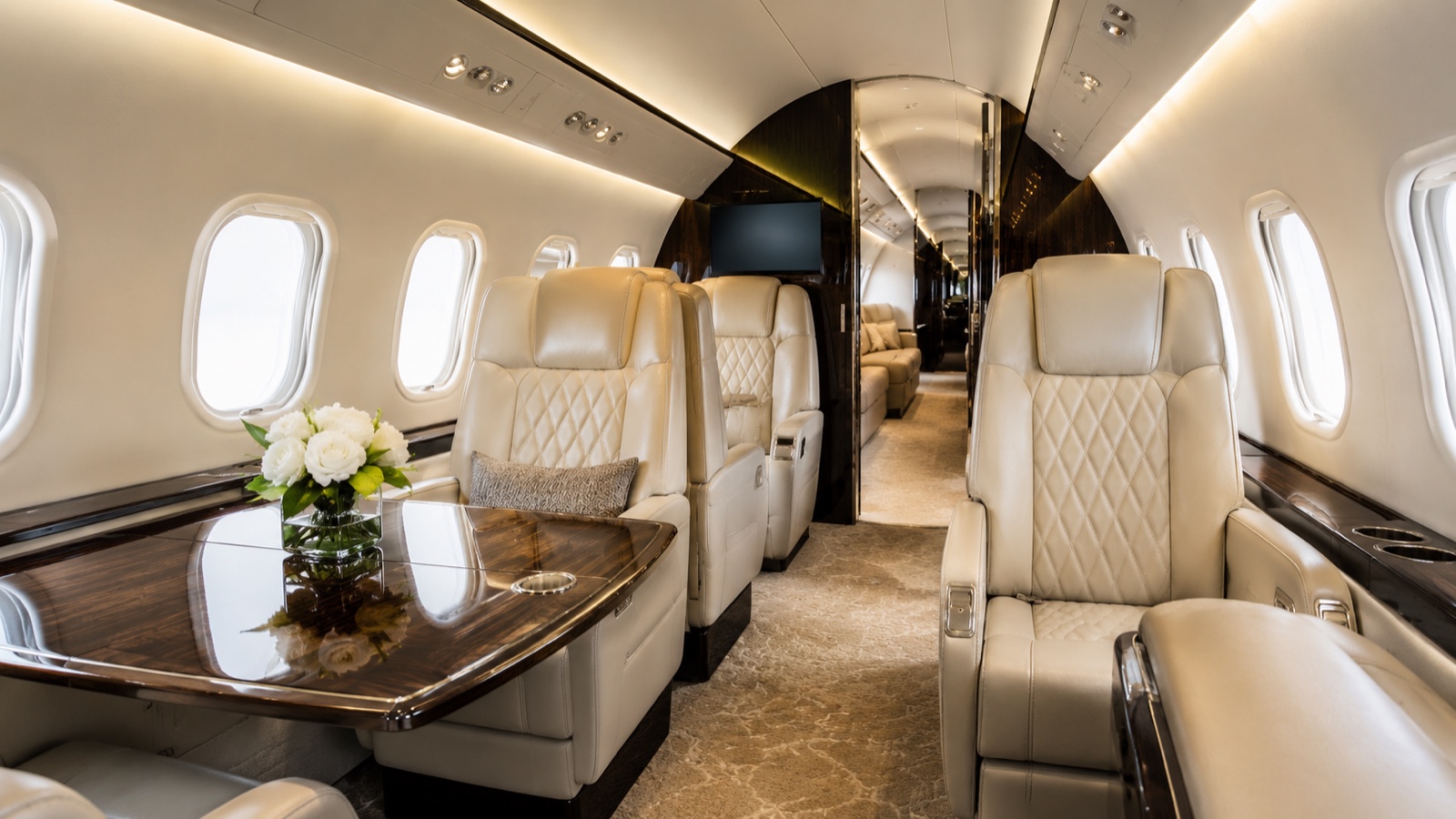 Clean private jet cabin interior